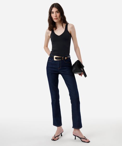 calça jeans básica reta cintura média  azul escuro - jeans amaciado