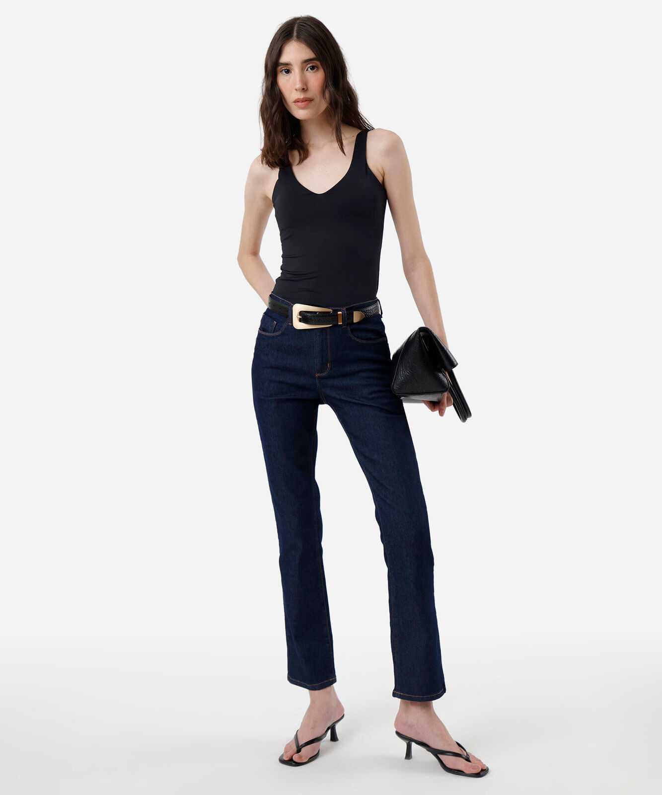 calça jeans básica reta cintura média  azul escuro - jeans amaciado