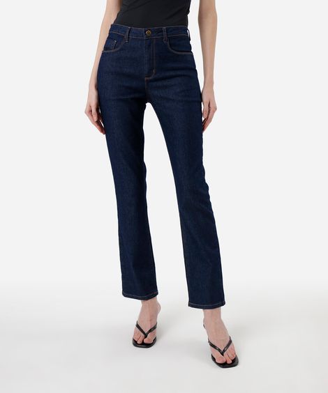 calça jeans básica reta cintura média  azul escuro - jeans amaciado