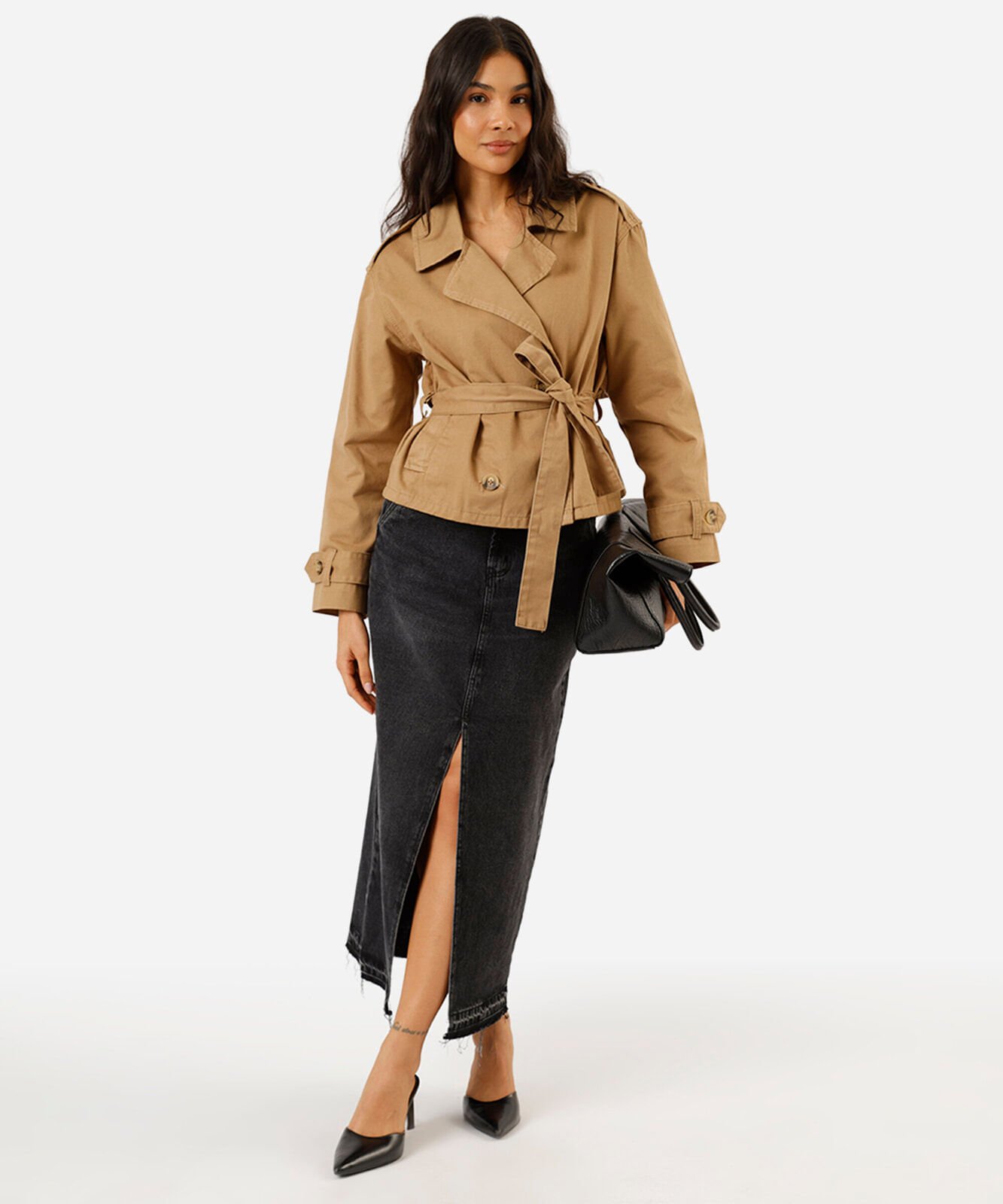 saia midi feminina jeans com fenda preta