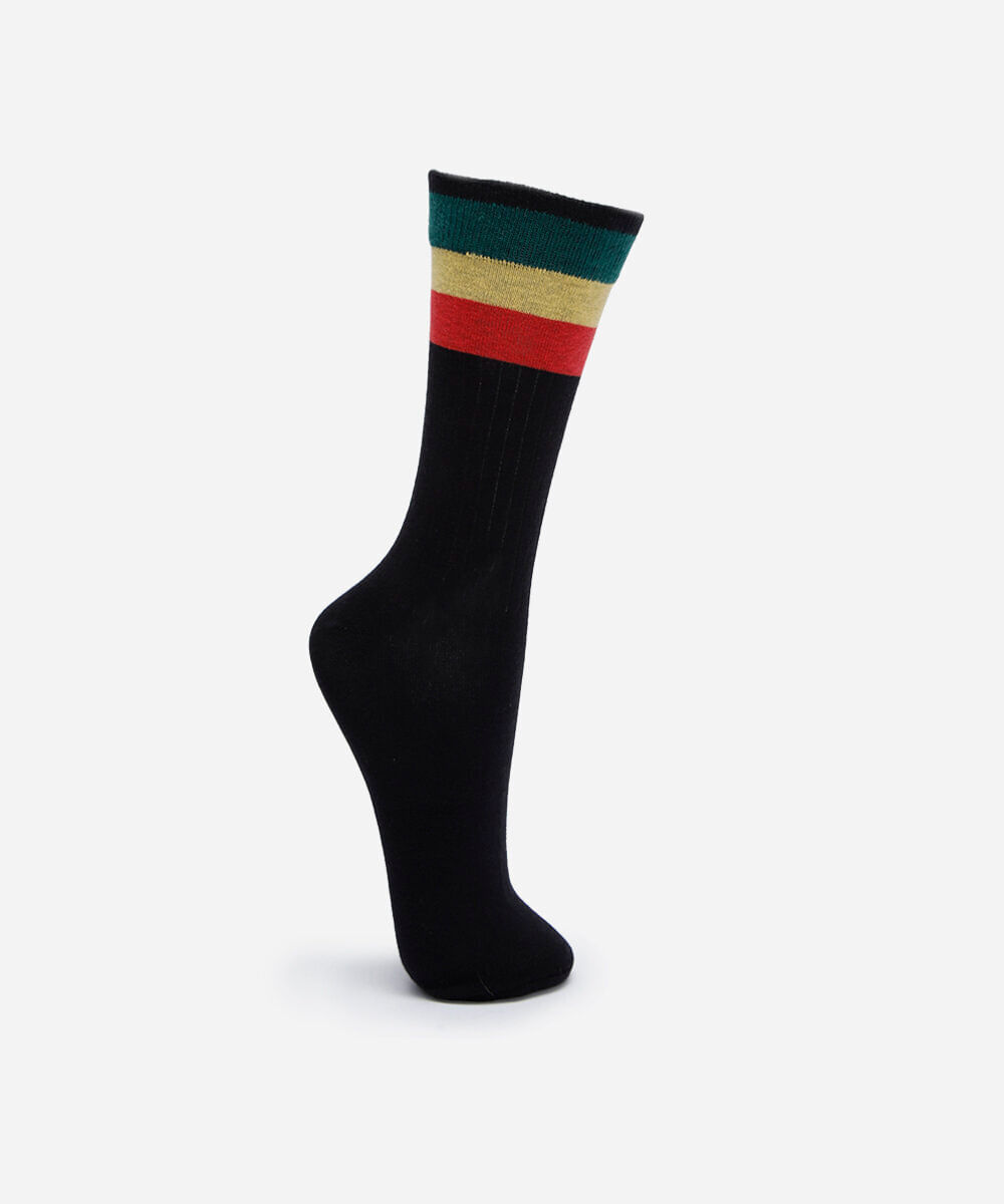 meia masculina cano alto listras jamaica preta
