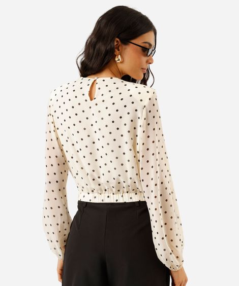 blusa feminina com pregas e ombreiras poá off white