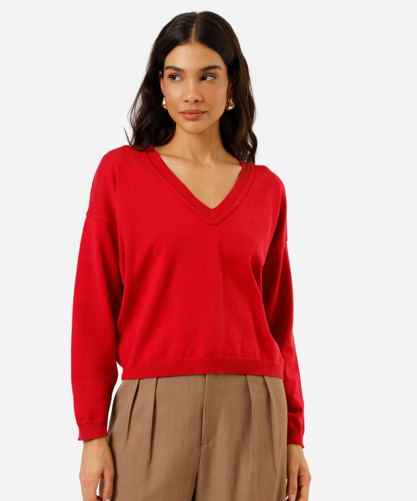 suéter feminino de tricot  decote v vermelho