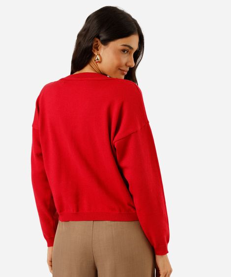 suéter feminino de tricot  decote v vermelho