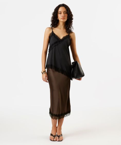 saia midi feminina com renda acetinada marrom