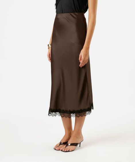 saia midi feminina com renda acetinada marrom