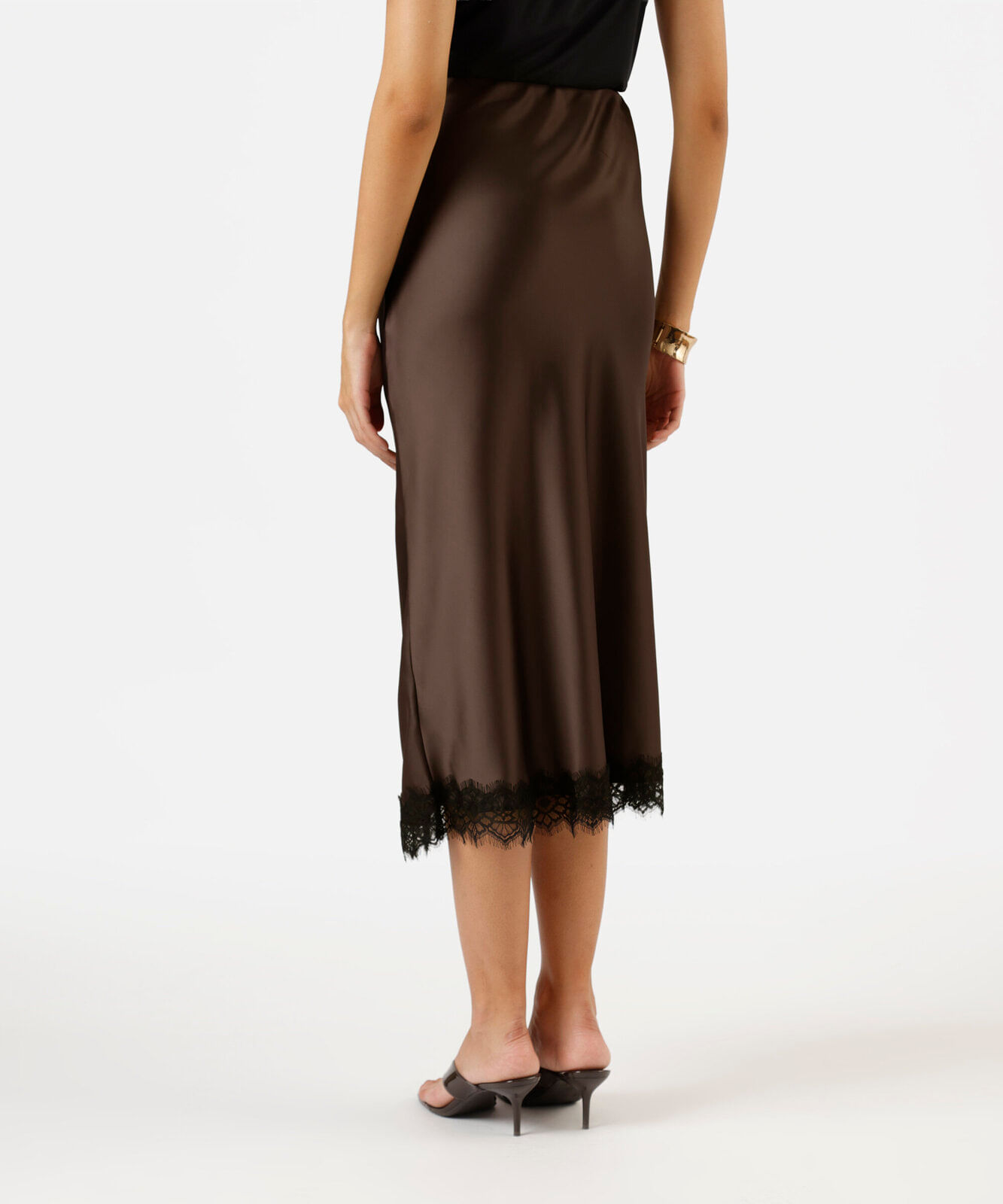 saia midi feminina com renda acetinada marrom
