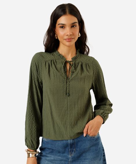 bata feminina manga longa xadrez com babado verde