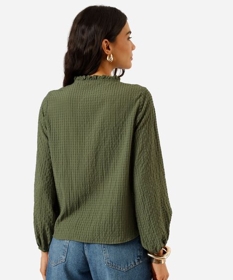 bata feminina manga longa xadrez com babado verde