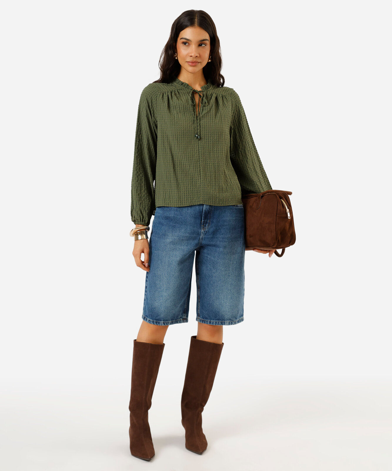 bata feminina manga longa xadrez com babado verde
