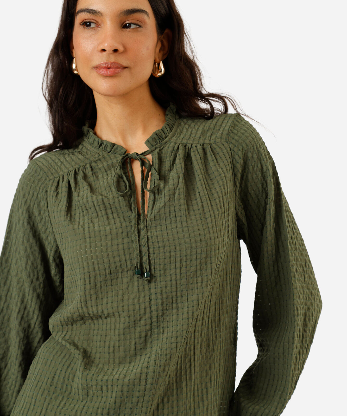 bata feminina manga longa xadrez com babado verde