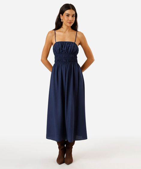 vestido midi alça fina feminino com viscose e franzidos azul