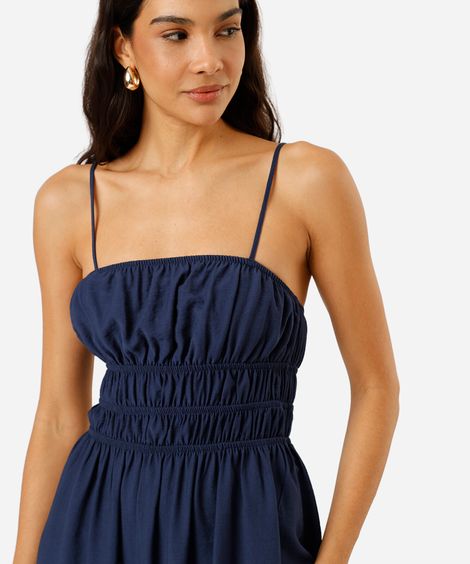 vestido midi alça fina feminino com viscose e franzidos azul