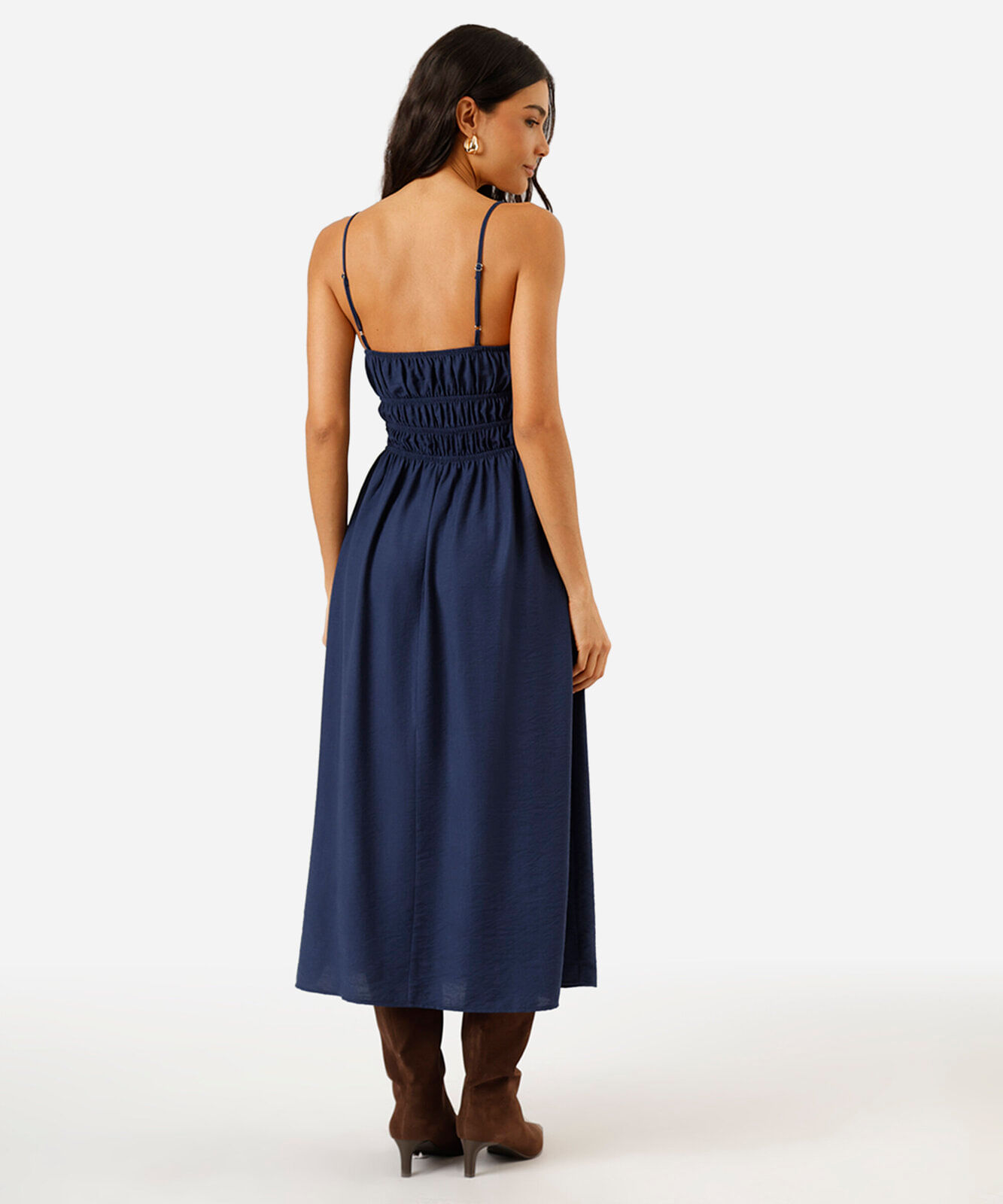 vestido midi alça fina feminino com viscose e franzidos azul