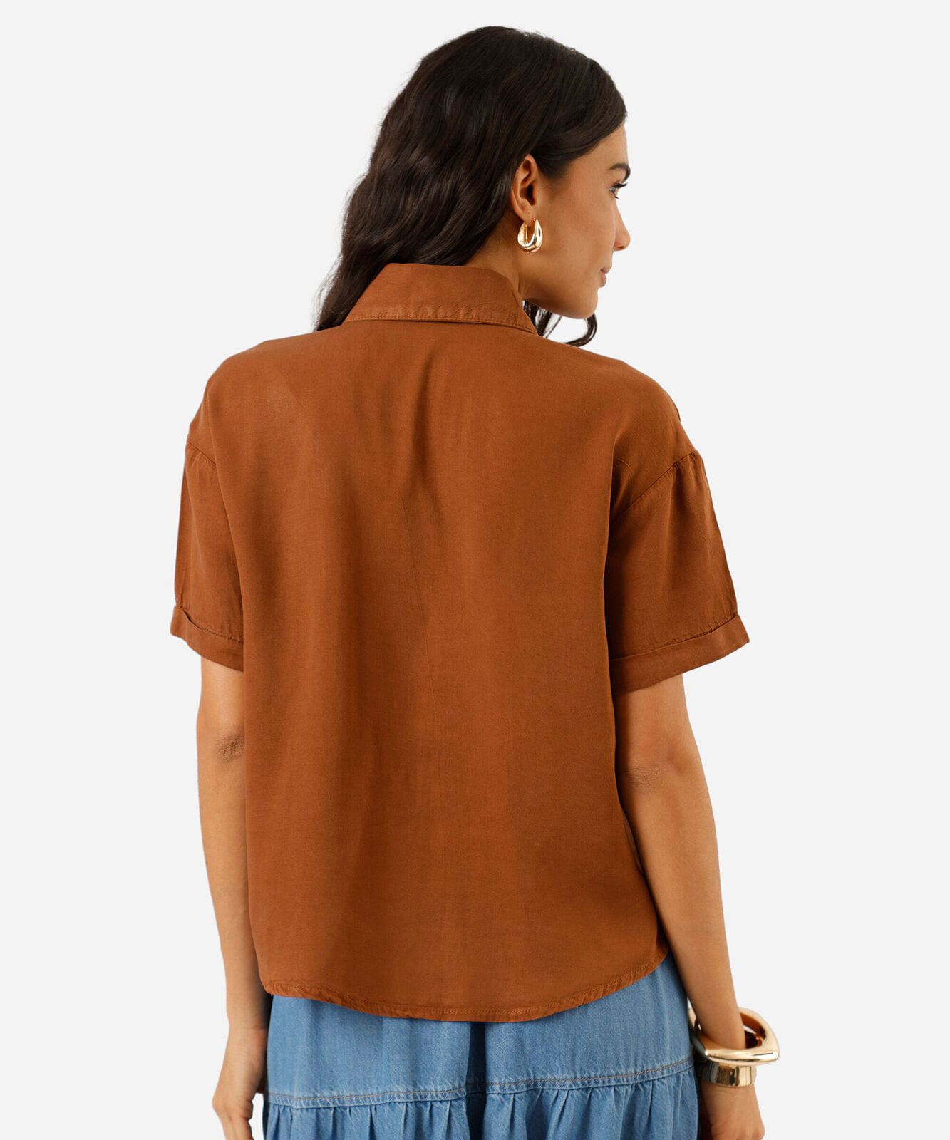 camisa feminina de liocel manga curta marrom