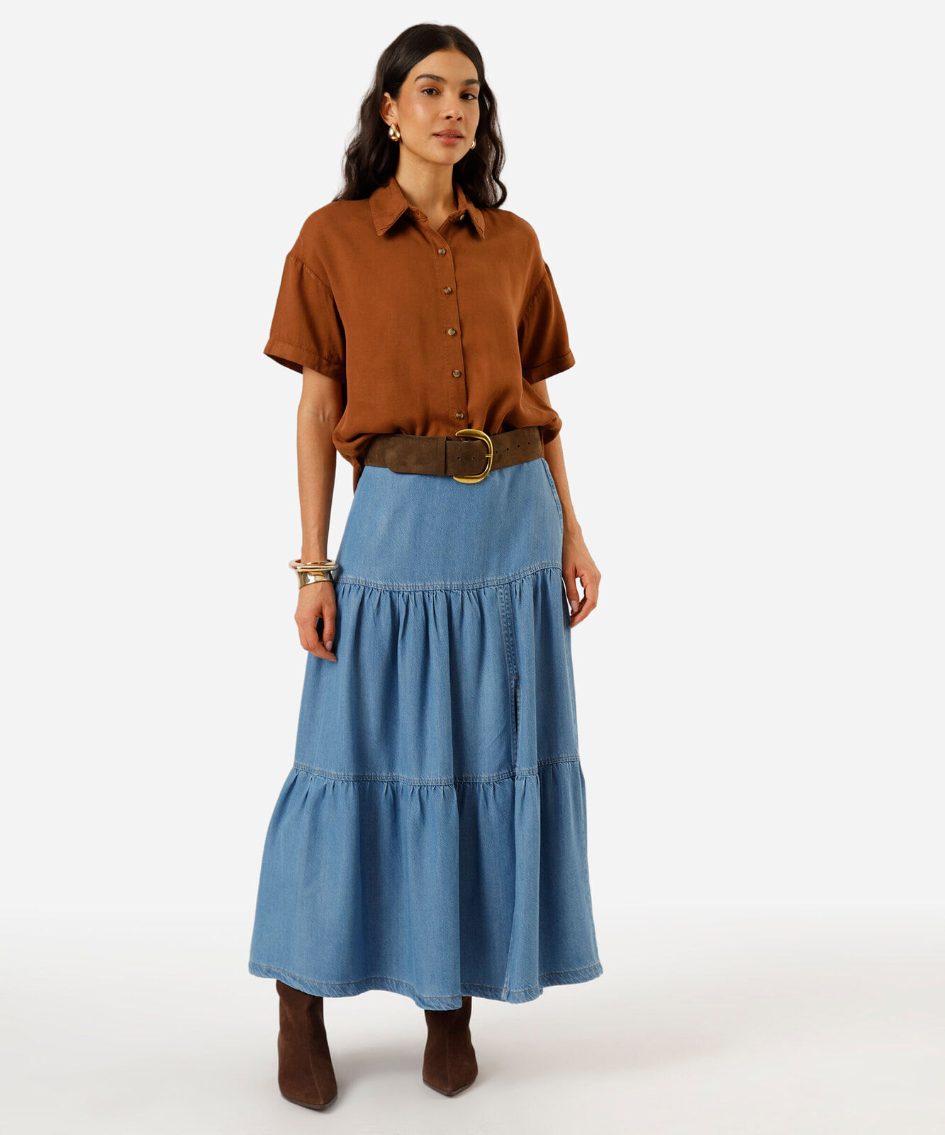 camisa feminina de liocel manga curta marrom