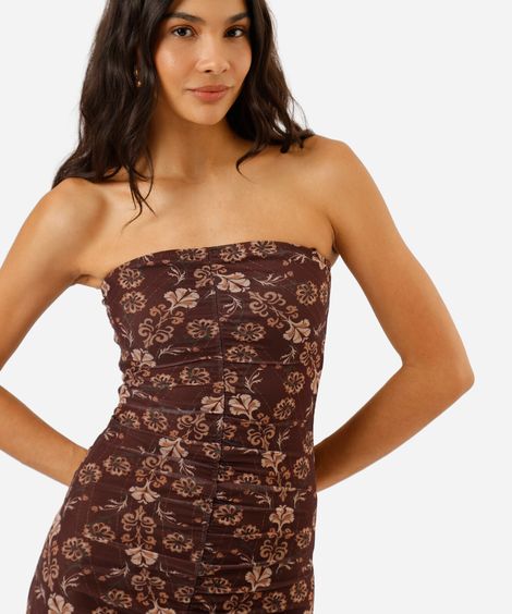 vestido midi sem alça feminino de tule franzido floral marrom