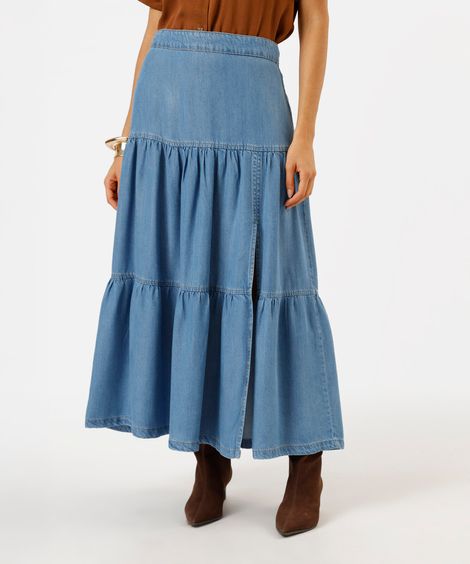 saia midi feminina jeans com recortes e fenda azul