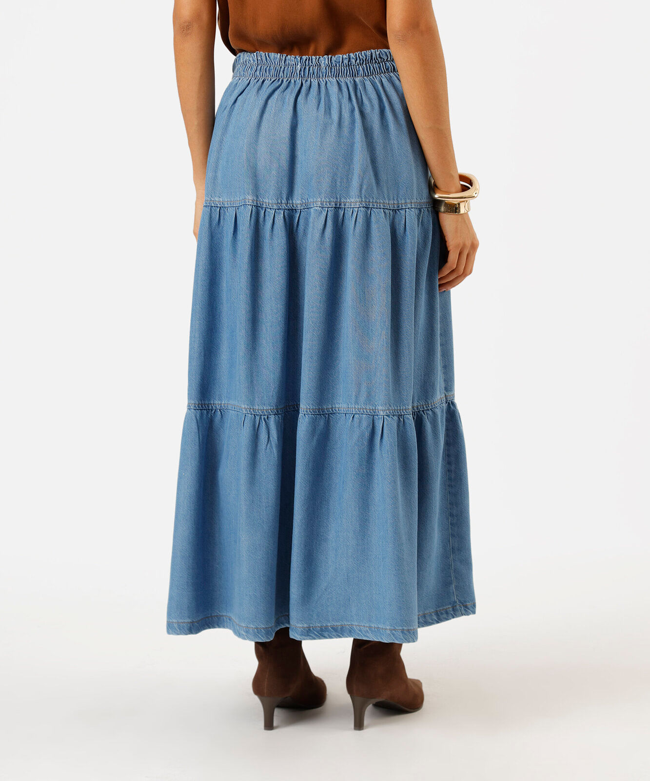 saia midi feminina jeans com recortes e fenda azul