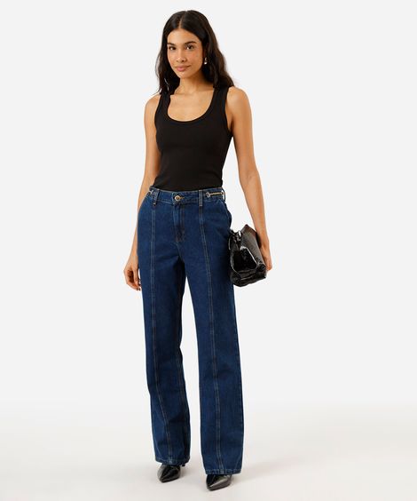 calça wide leg slim feminina jeans cintura alta azul