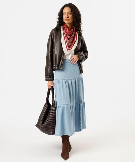 saia midi feminina jeans com recortes e fenda azul