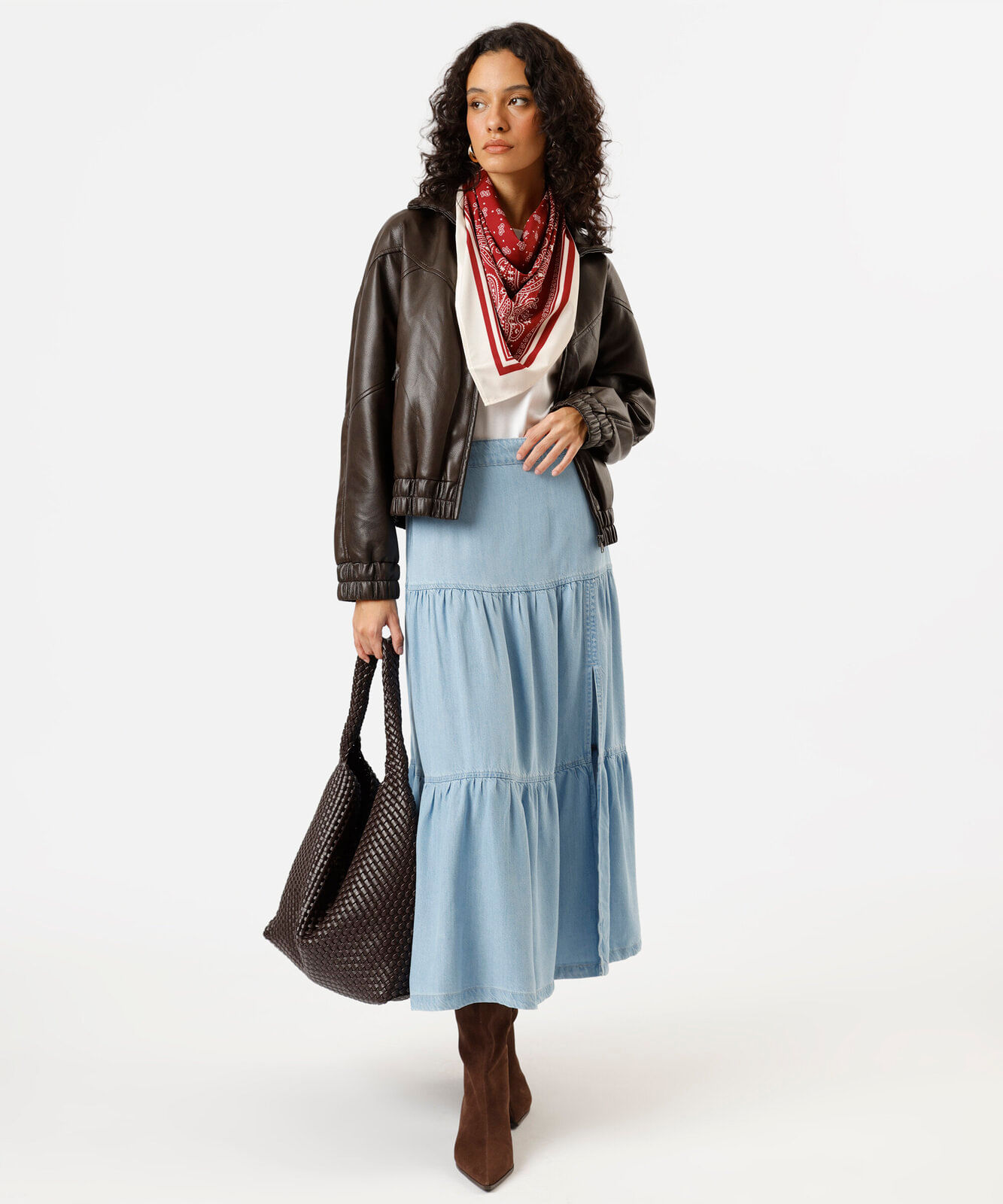 saia midi feminina jeans com recortes e fenda azul