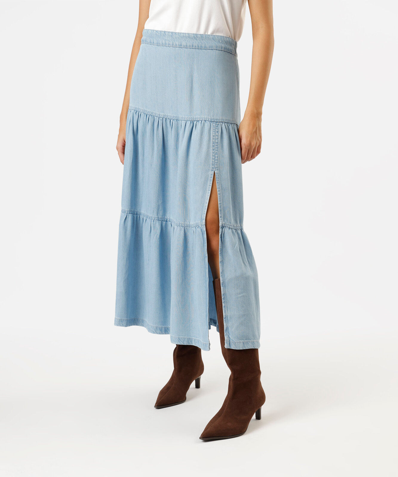 saia midi feminina jeans com recortes e fenda azul