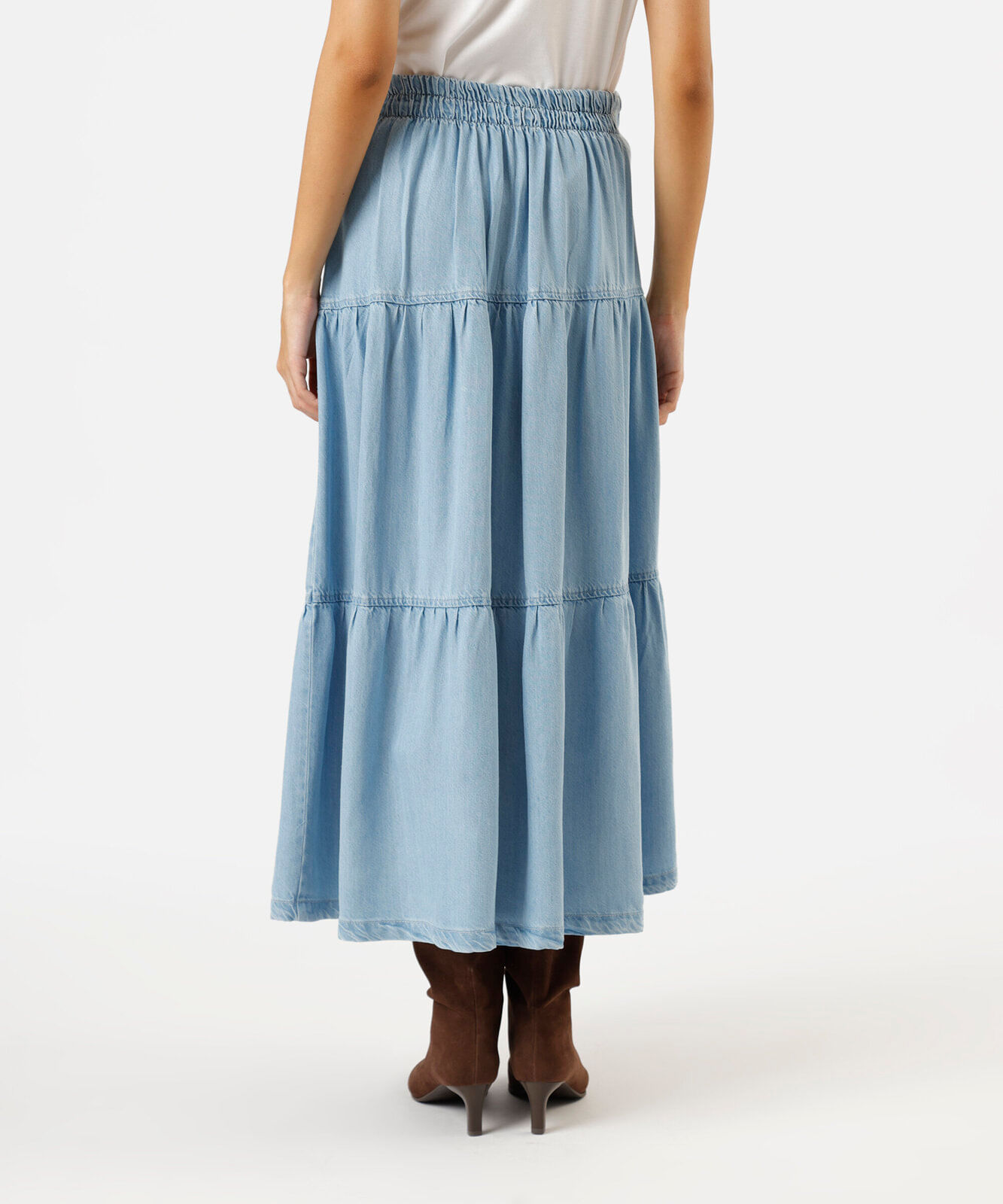 saia midi feminina jeans com recortes e fenda azul