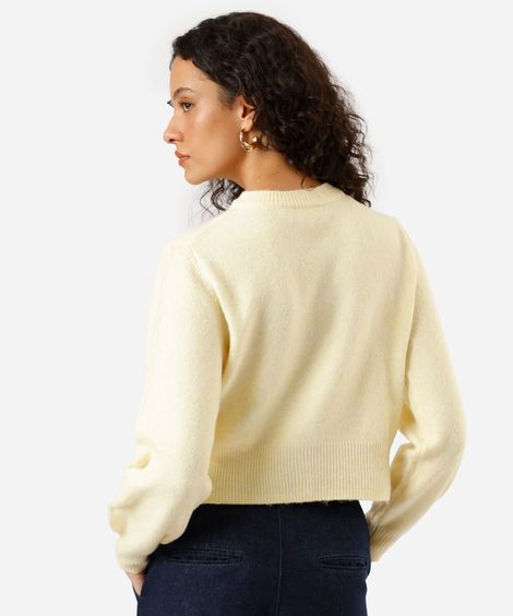 cardigan feminino de tricot com bordados amarelo