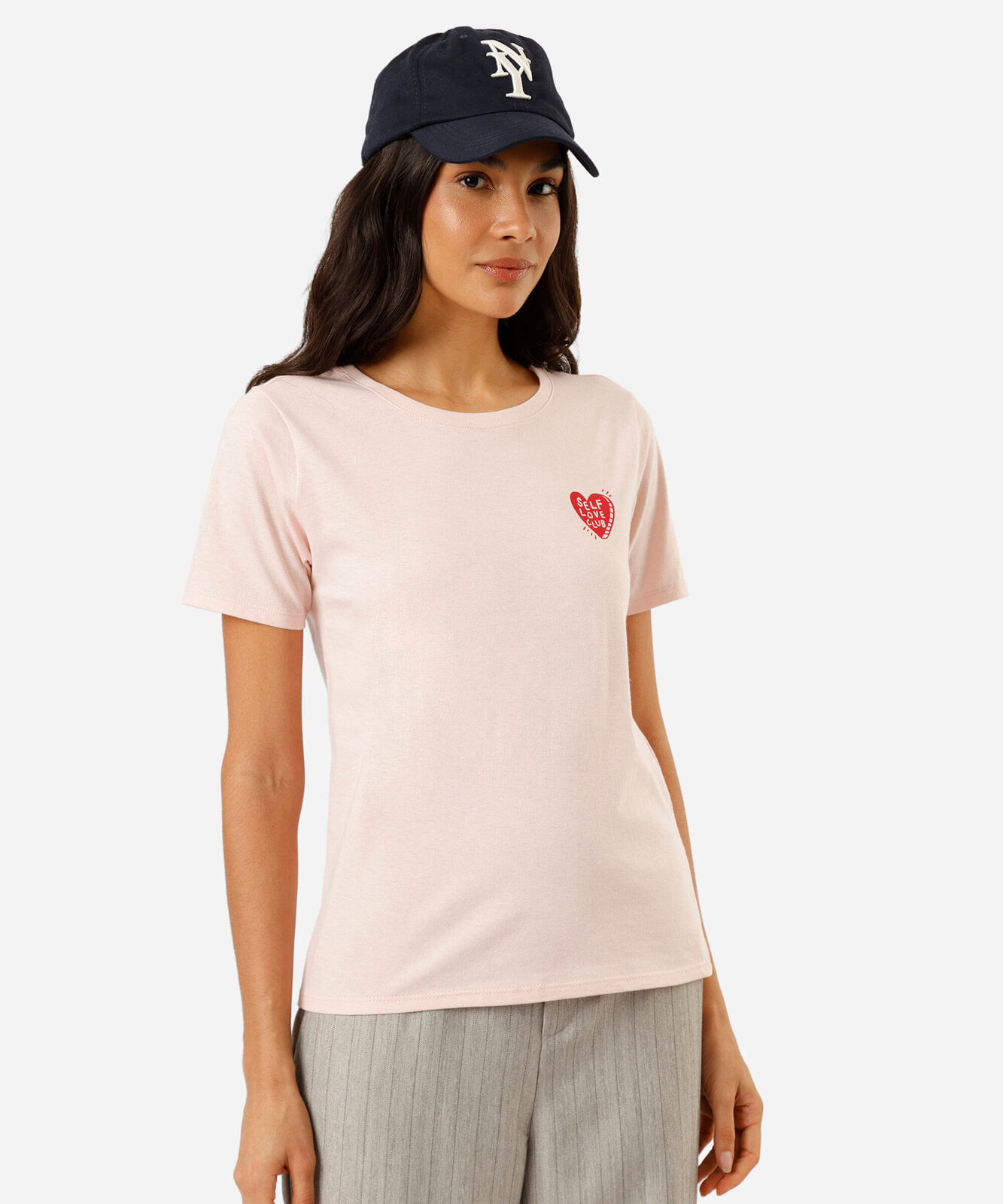 camiseta feminina de algodão manga curta estampada rosa