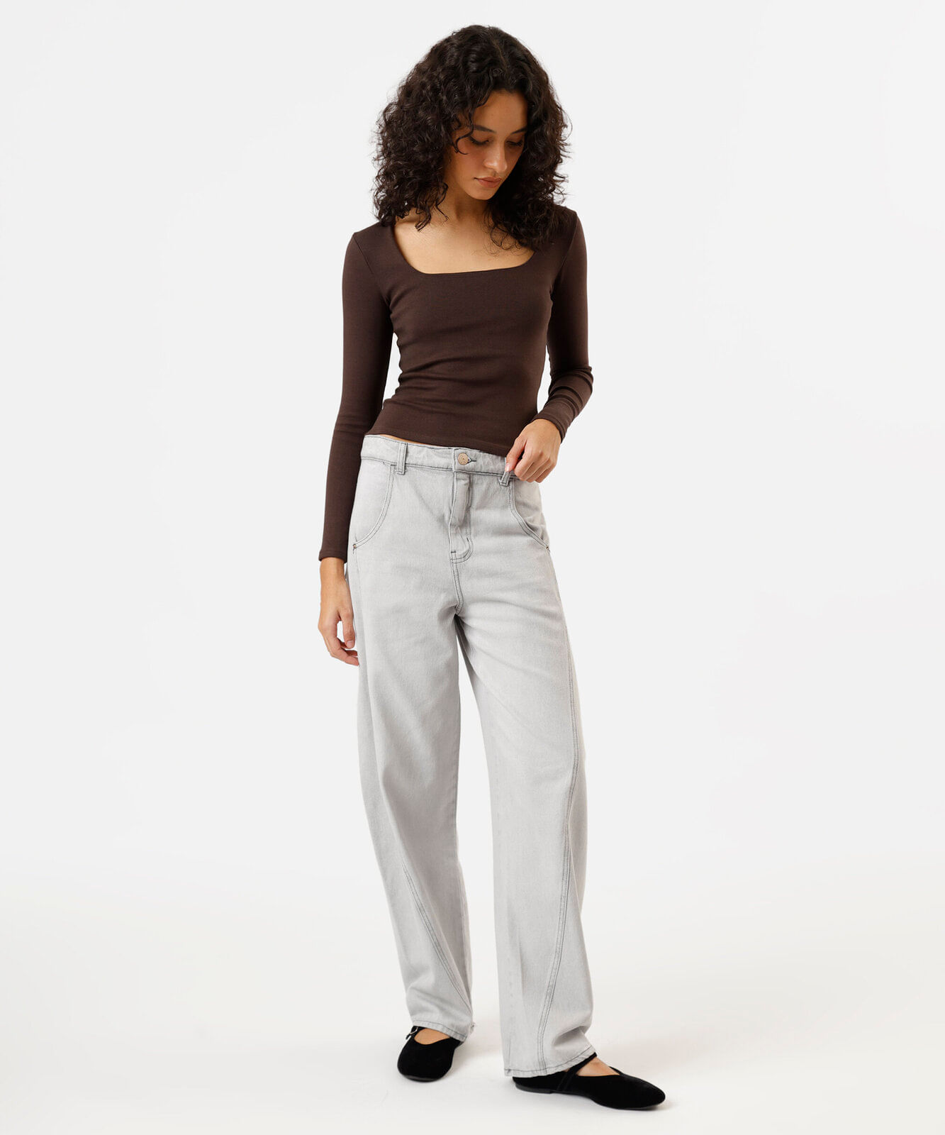 calça balloon feminina jeans com recorte cintura média cinza