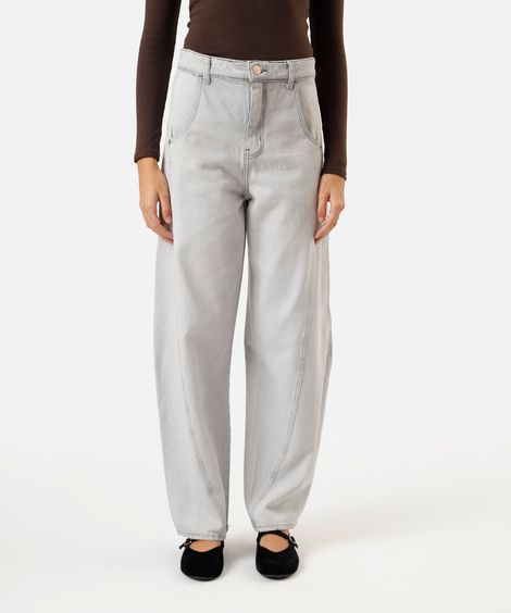 calça balloon feminina jeans com recorte cintura média cinza