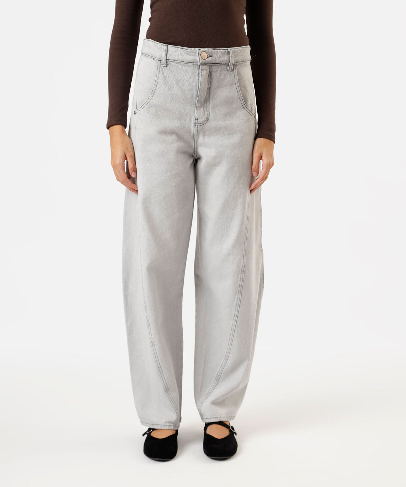 calça balloon feminina jeans com recorte cintura média cinza