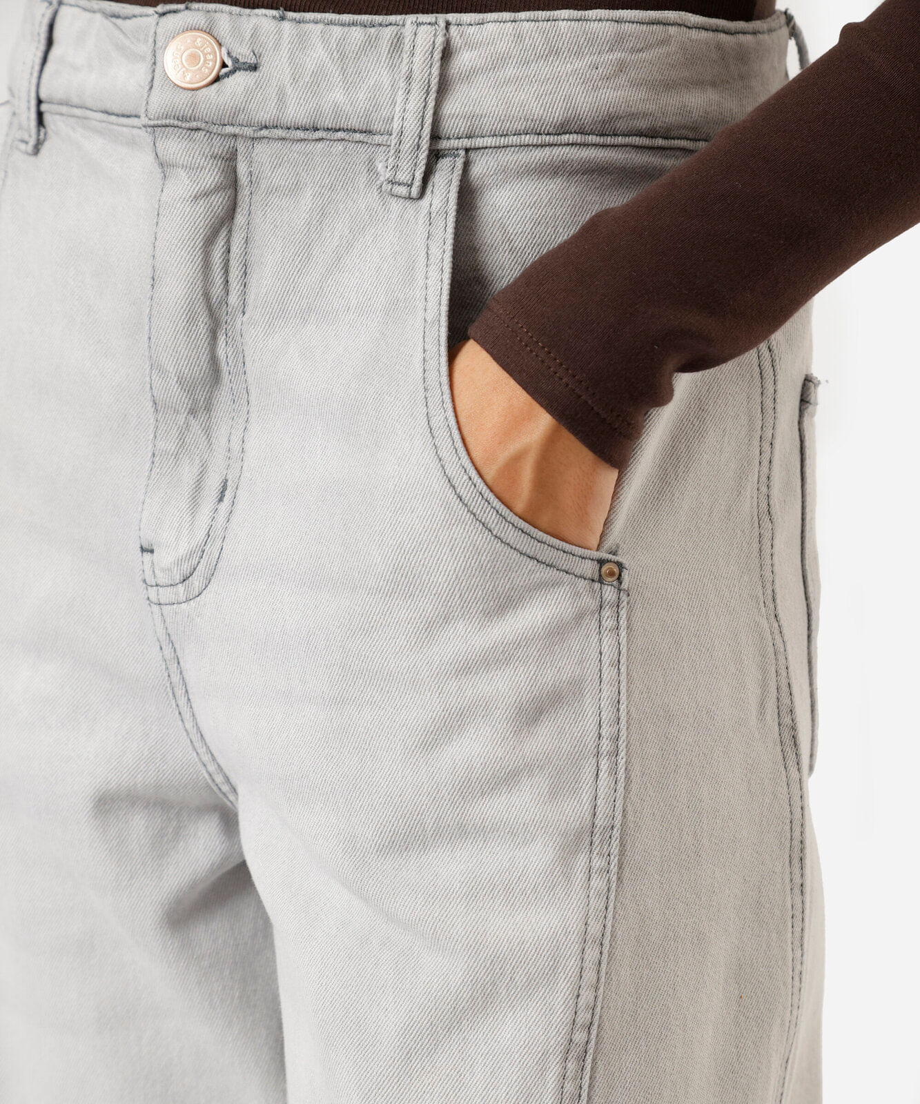 calça balloon feminina jeans com recorte cintura média cinza