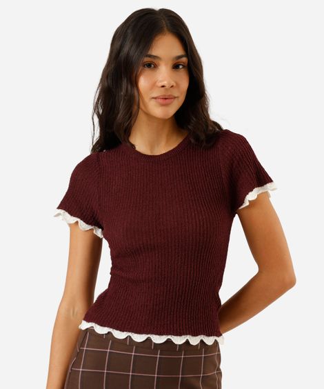 blusa feminina de tricot manga curta canelada vinho