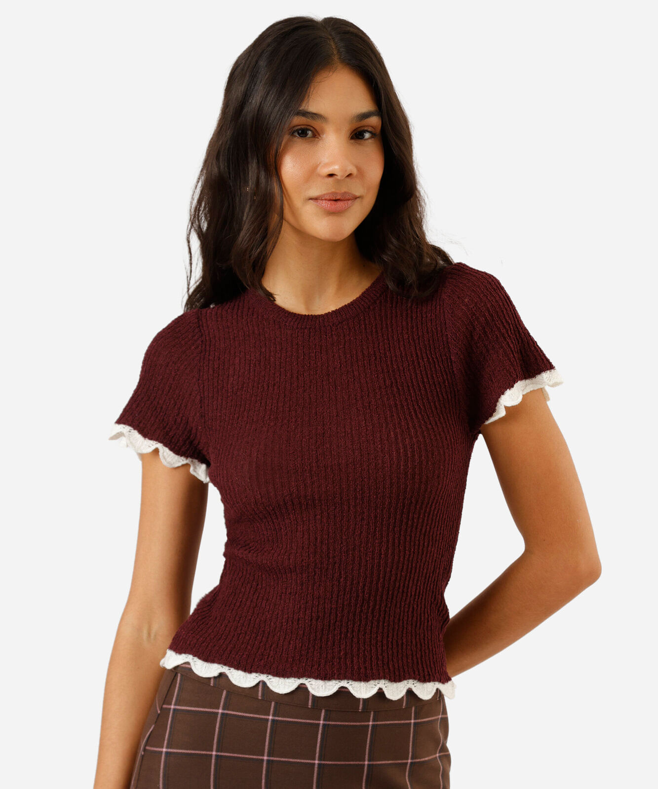 blusa feminina de tricot manga curta canelada vinho