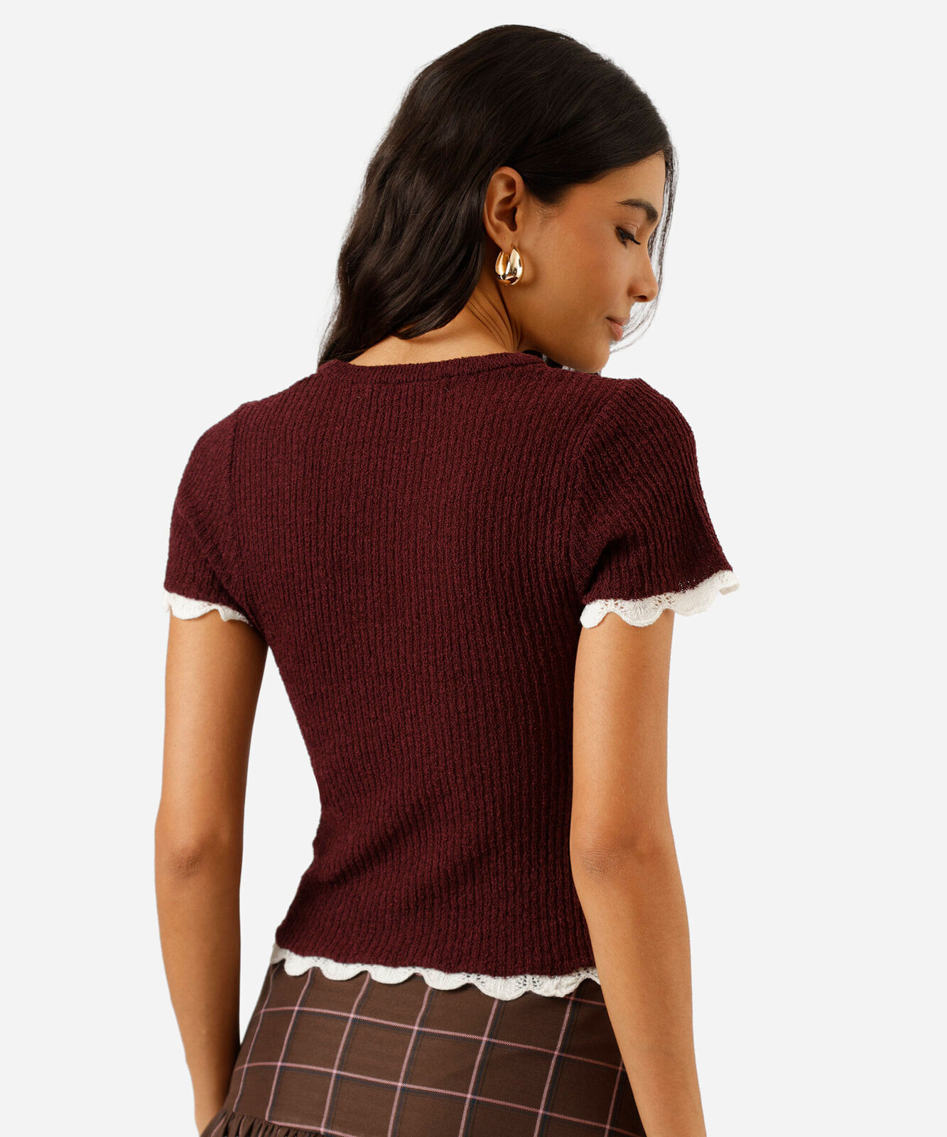 blusa feminina de tricot manga curta canelada vinho