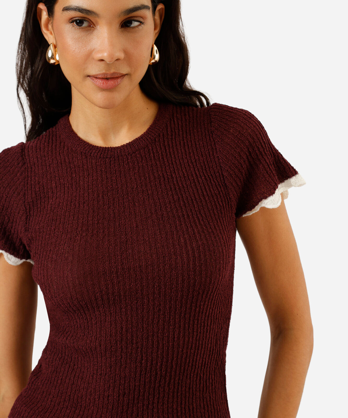 blusa feminina de tricot manga curta canelada vinho