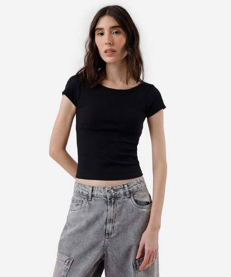 blusa feminina de algodão com bojo manga curta canelada preta