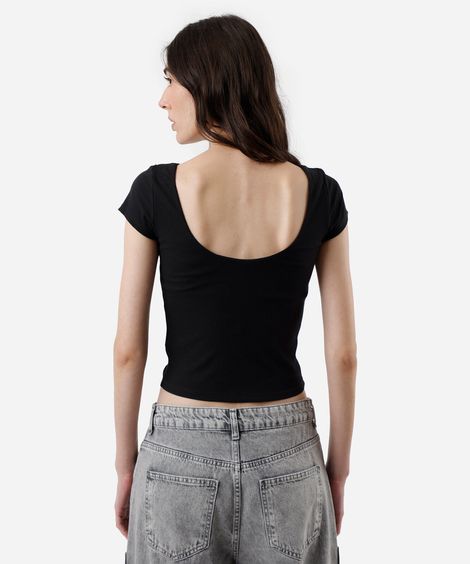 blusa feminina de algodão com bojo manga curta canelada preta