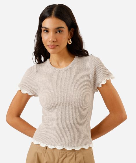 blusa feminina de tricot manga curta canelada cinza