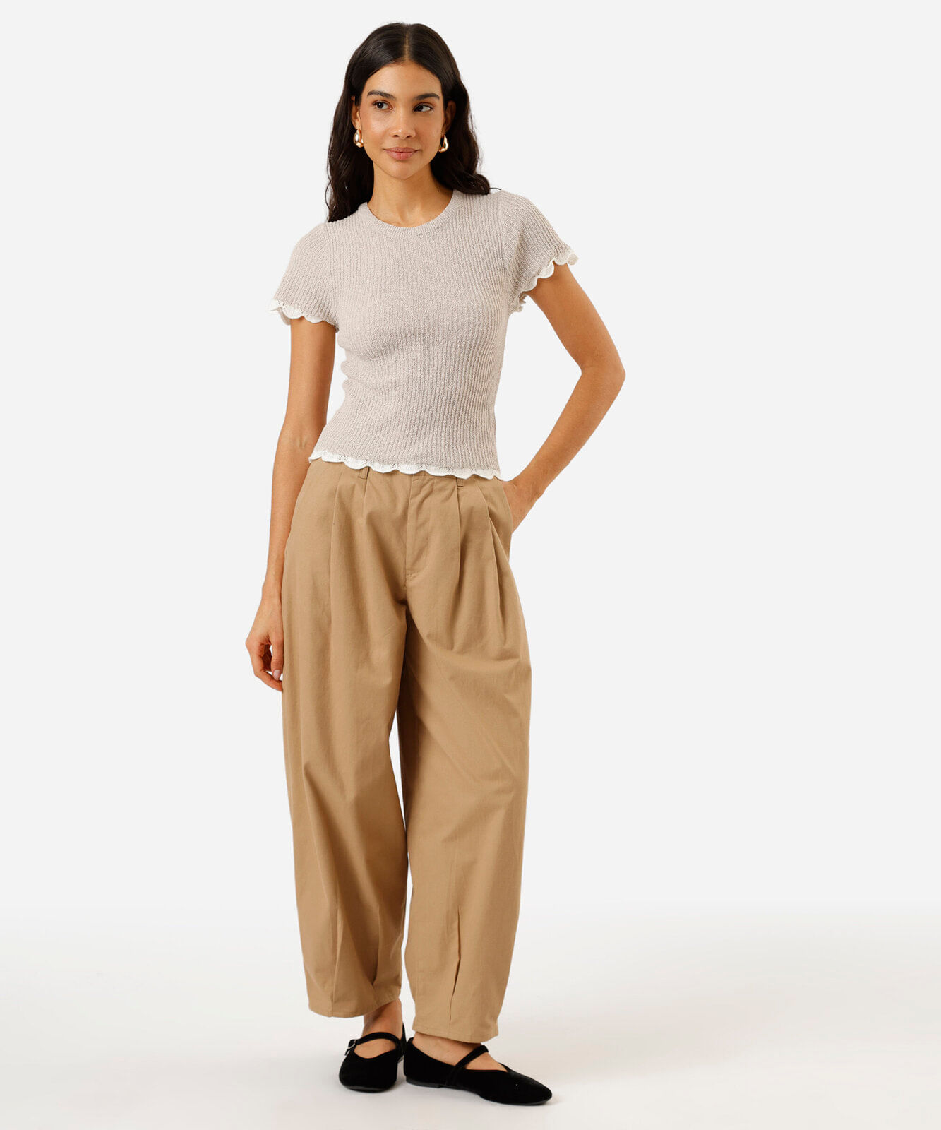 blusa feminina de tricot manga curta canelada cinza