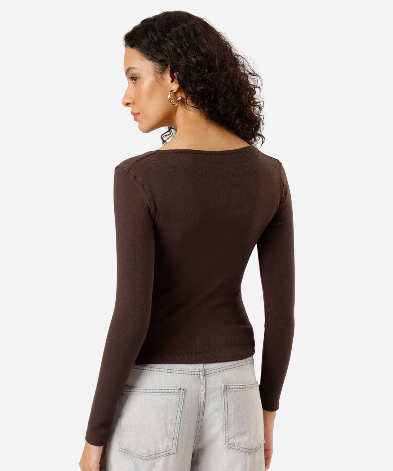 blusa feminina de algodão decote quadrado manga longa canelada marrom