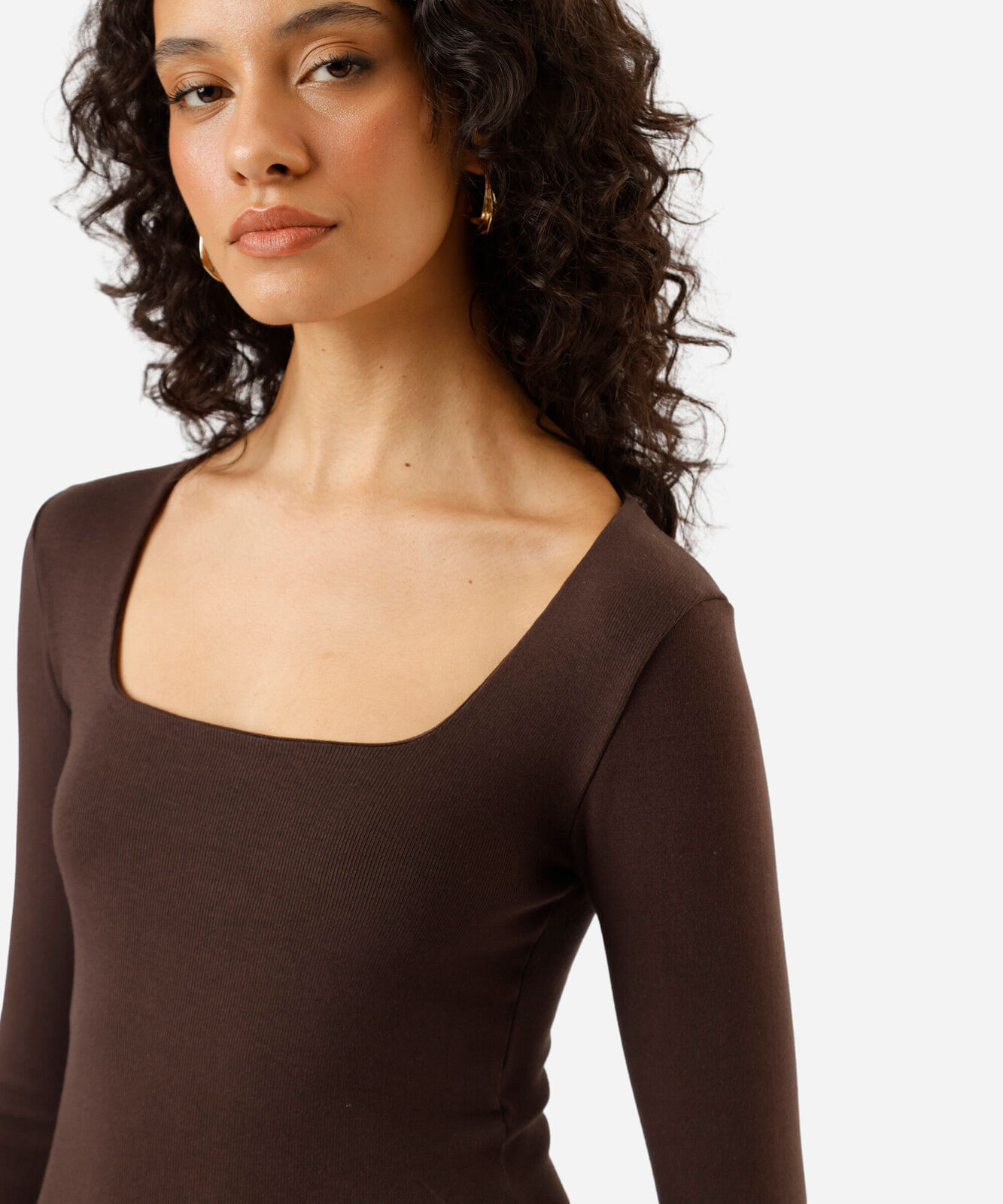 blusa feminina de algodão decote quadrado manga longa canelada marrom