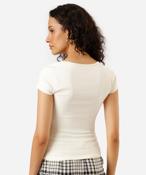 blusa baby look feminina de algodão decote quadrado bege