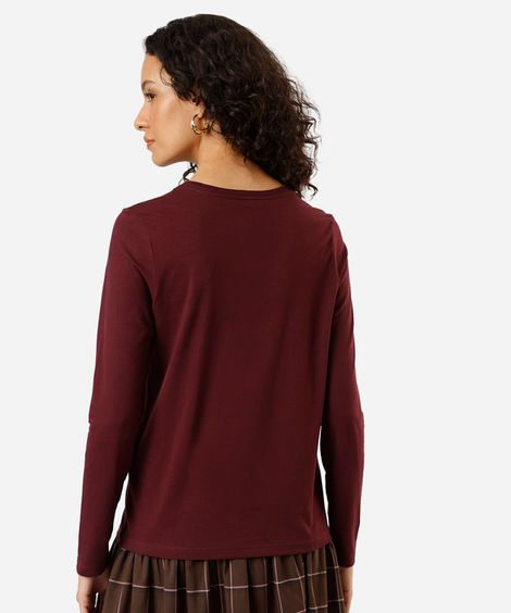 camiseta feminina de algodão com bolso manga longa vinho