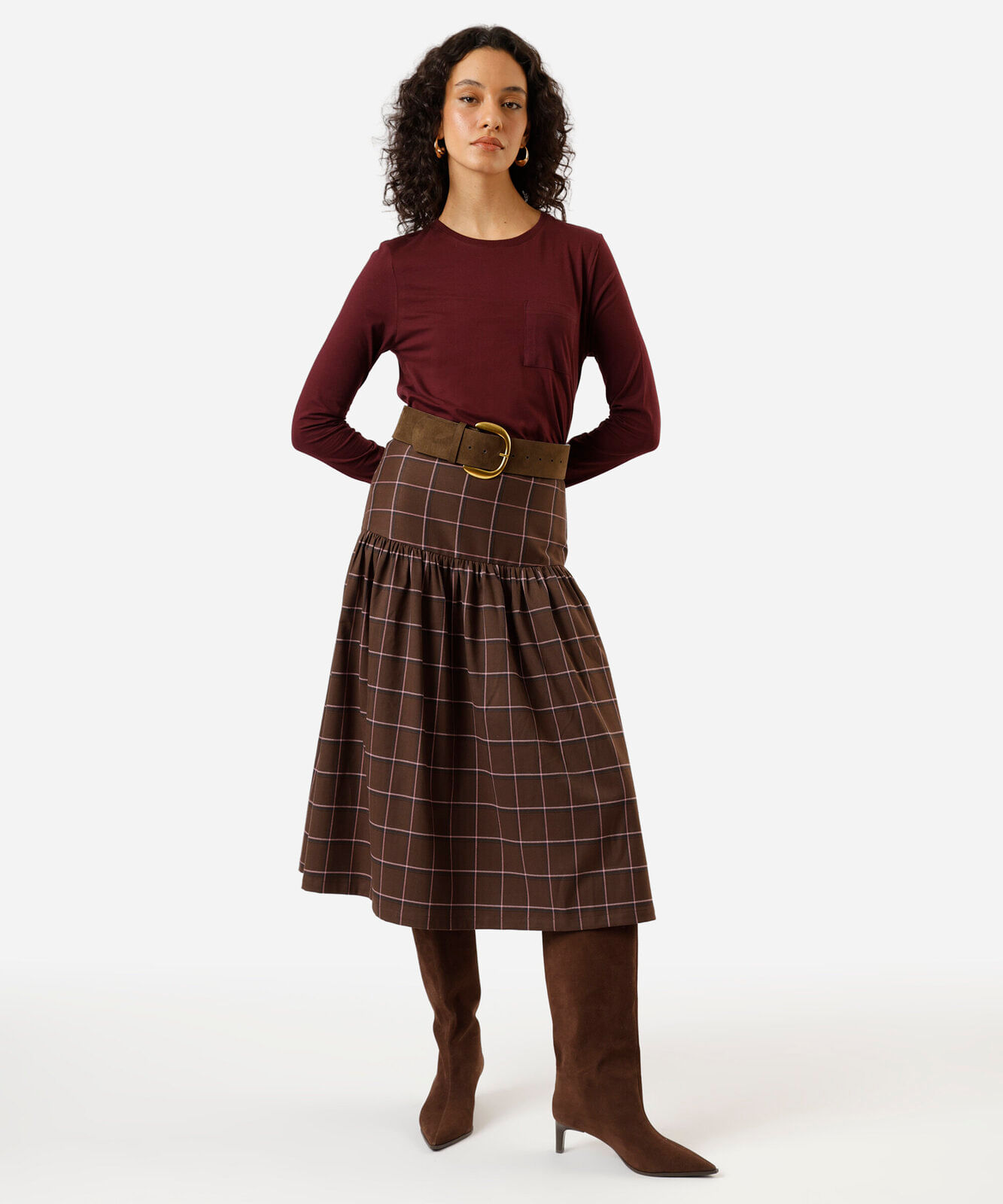 camiseta feminina de algodão com bolso manga longa vinho