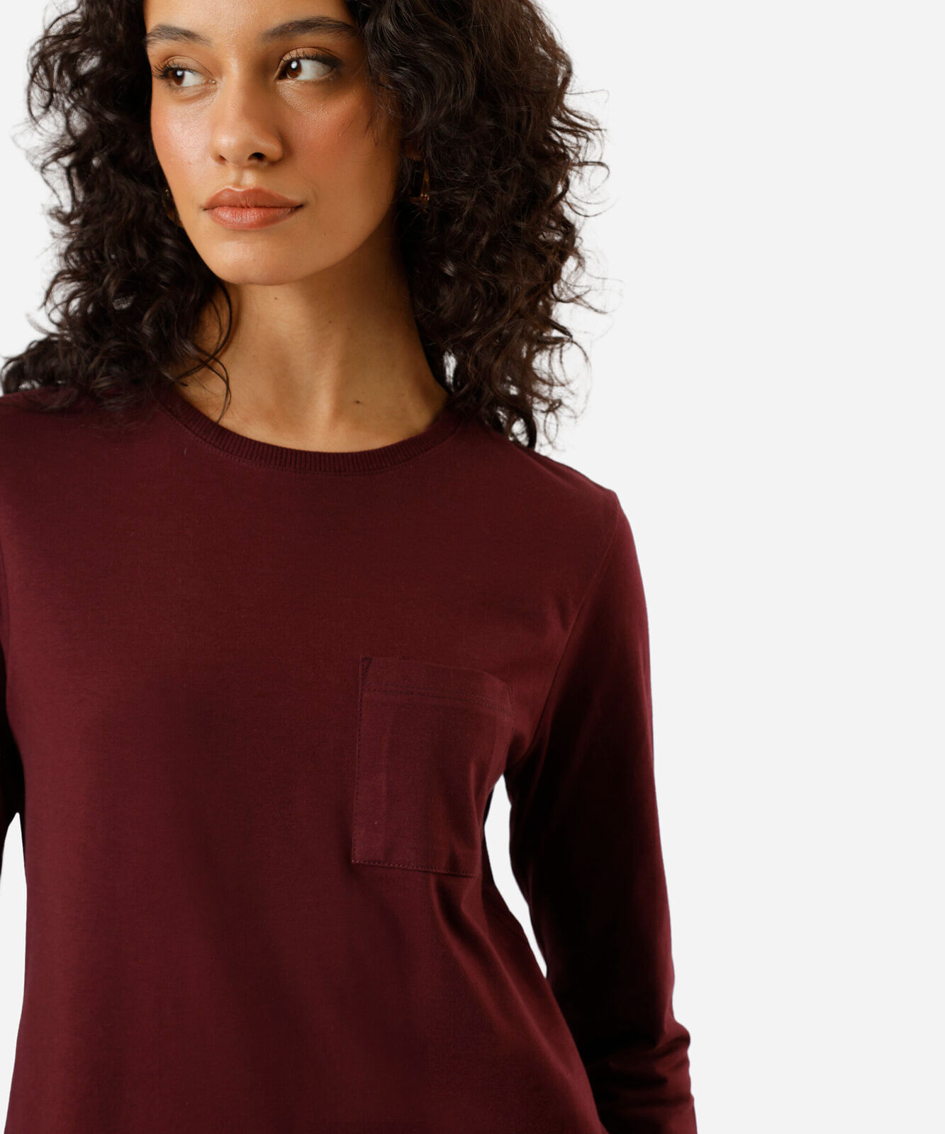 camiseta feminina de algodão com bolso manga longa vinho