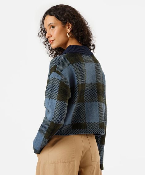 jaqueta feminina de tricot com bolsos xadrez colorida