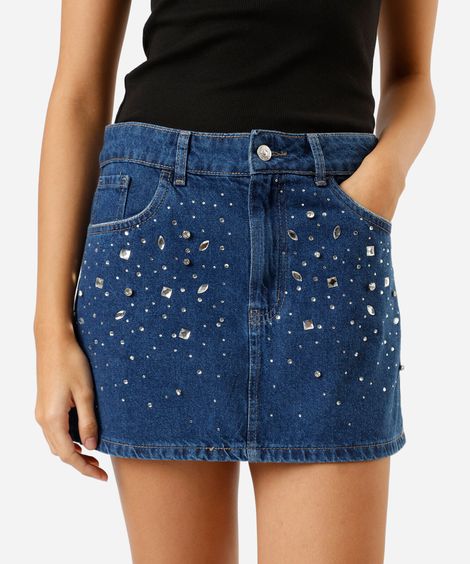 minissaia feminina jeans com brilhos cintura média azul